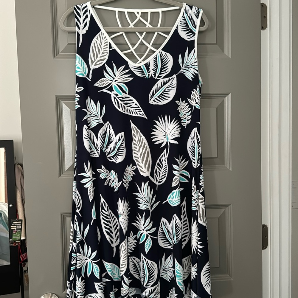 Sleeveless Summer Dress, blue with leaf print, M